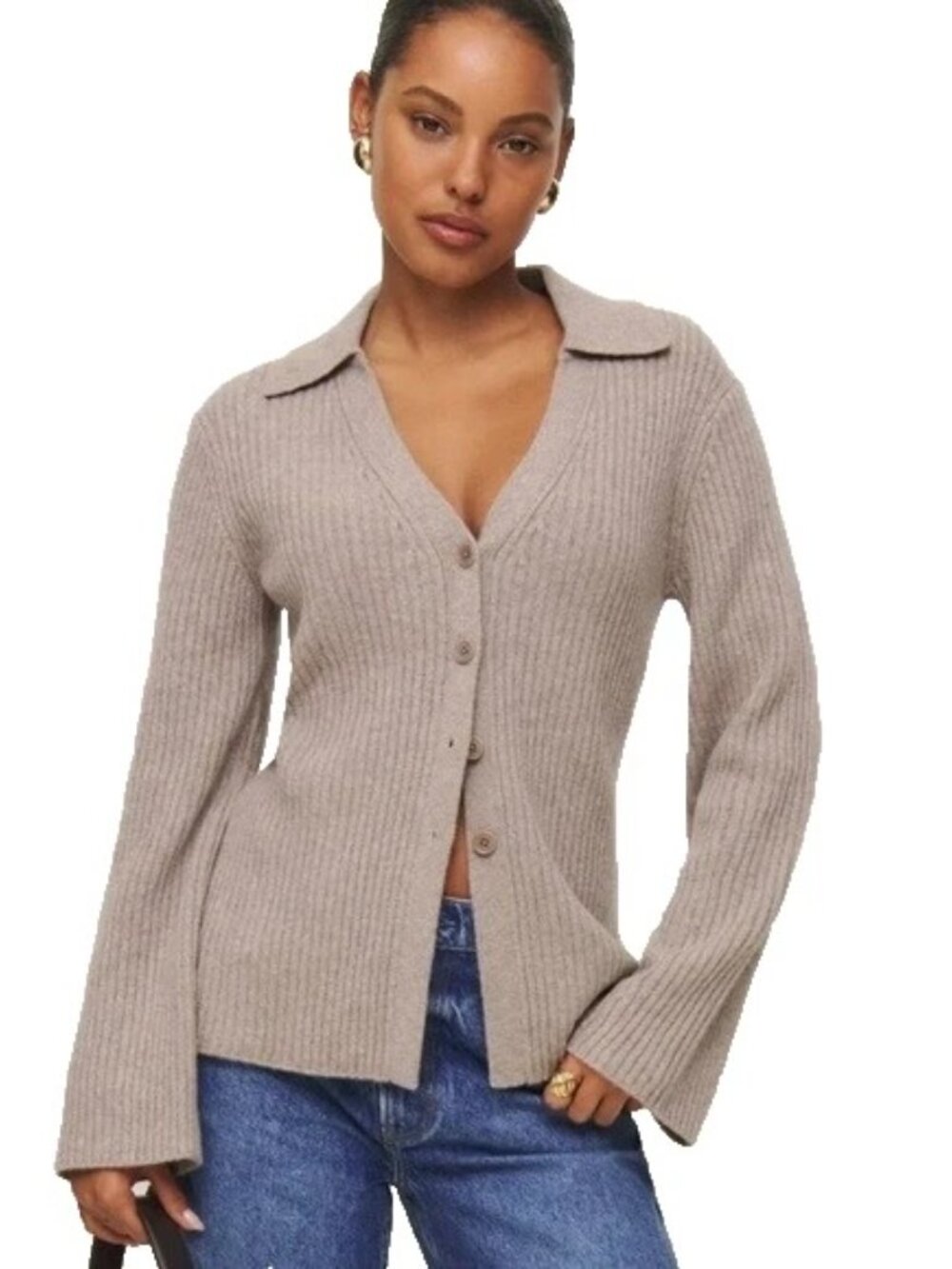 Reformation Shea Cashmere Collared Cardigan Ribbed Knit Sweater in Toast Size S